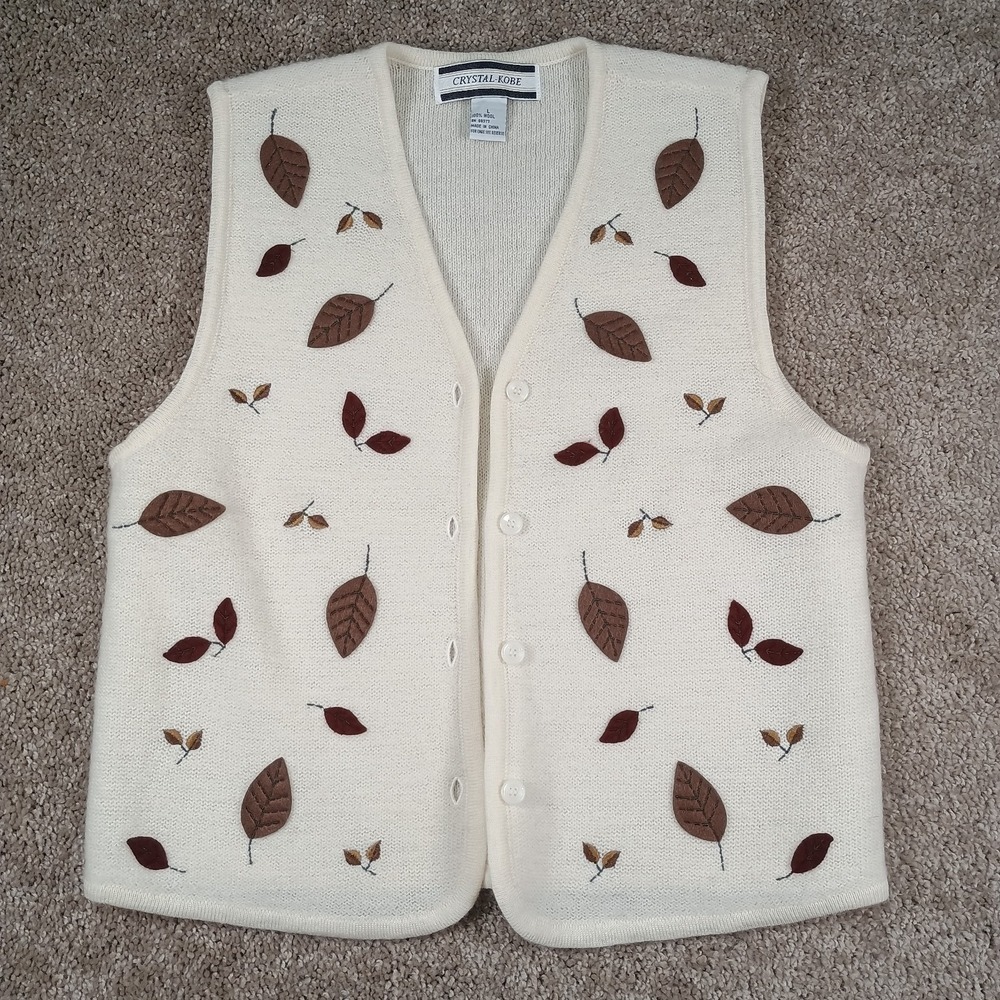 Crystal Kobe Vintage White 100% Wool Vest Dall Leaves Size Large